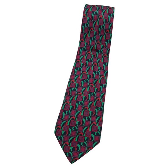 EMILIO PUCCI Men's 100% Silk Necktie LUXURY Tie Green Red Geometric W:3.7" EUC - Picture 1 of 4